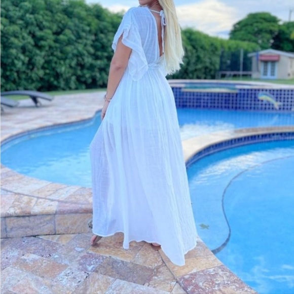 White Sands Gauze Boho Button Flutter Maxi Butterfly Arms Dress/ Coverup - Picture 12 of 14
